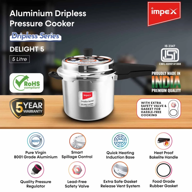 Aluminium Dripless Pressure Cooker | 5 Litre | Delight 5