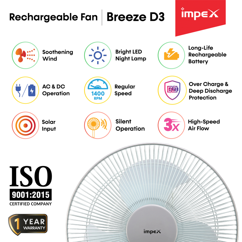Breeze D3 | Solar & Electric Rechargeable Table Fan | DC Fan