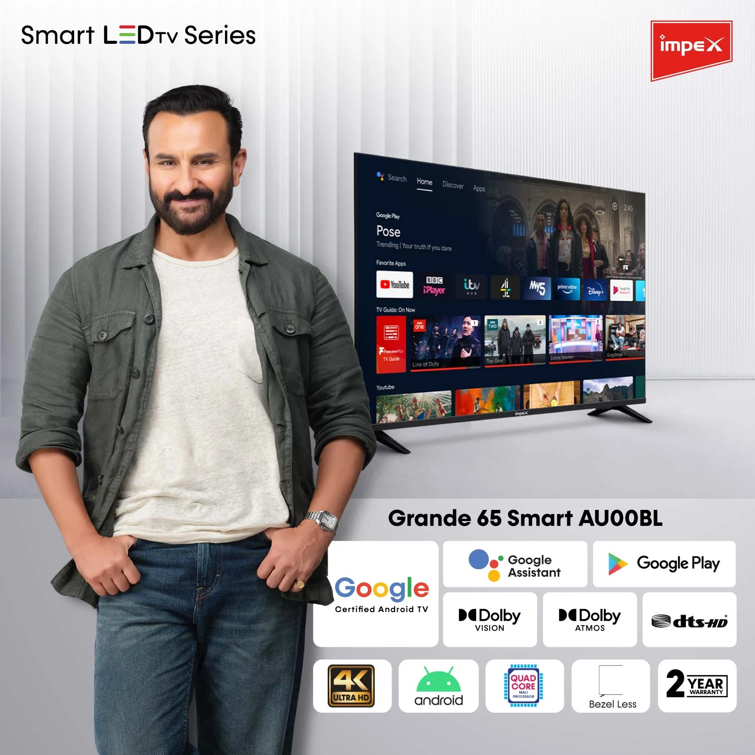 65'' Google Certified 4K Android Frame-less Smart TV | Grande 65 Smart AU00BL