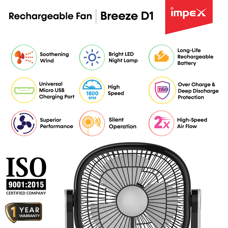 Breeze D1 | Rechargeable Table Fan with Built in Battery & LED Light