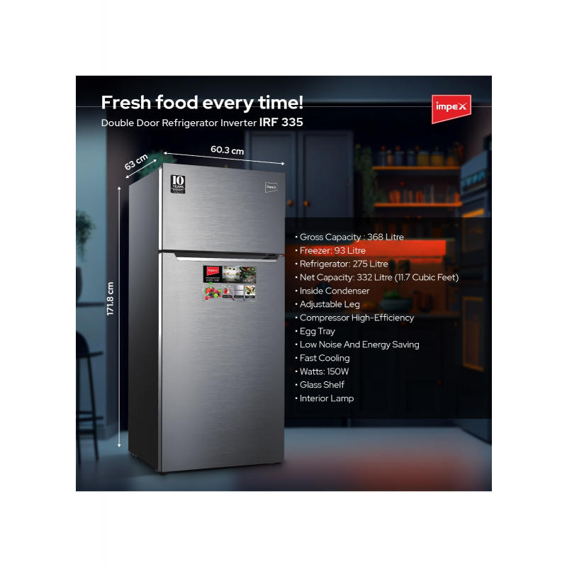 Impex 368L No Frost Inverter Refrigerator | IRF 335 SS