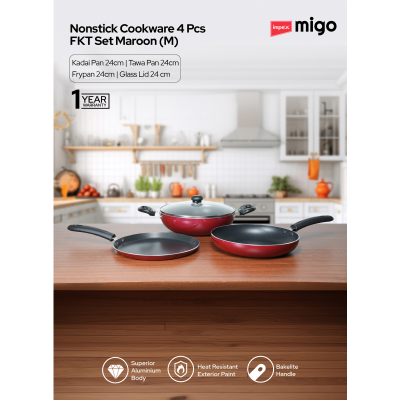 Impex Migo Nonstick Cookware 4Pcs FKT Set Maroon |M