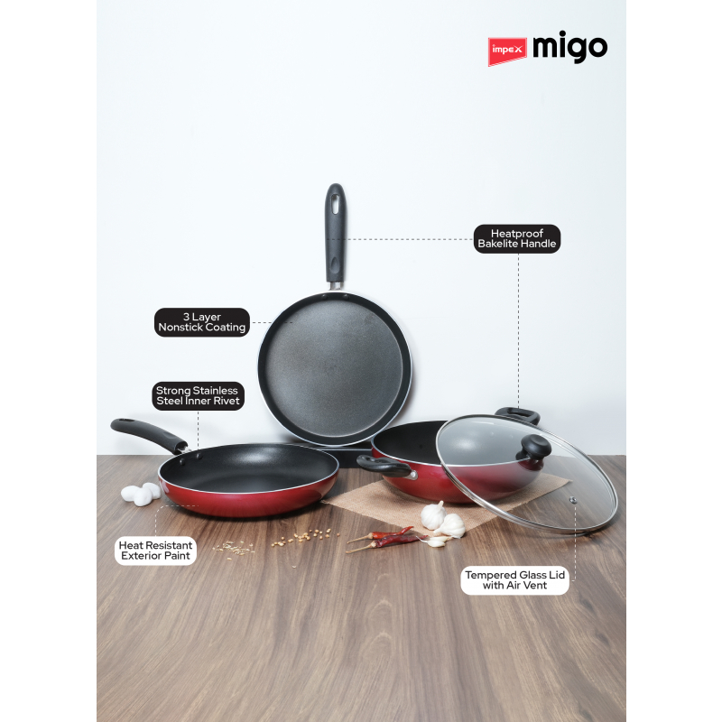 Impex Migo Nonstick Cookware 4Pcs FKT Set Maroon |M