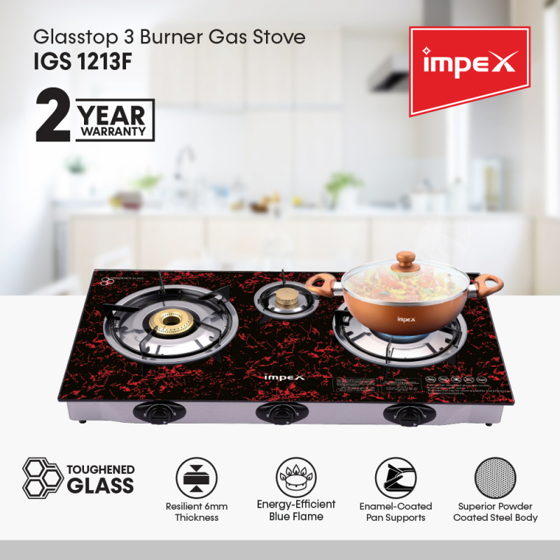 IMPEX 3 BR GLASS TOP GAS STOVE WITH FFD  | IGS 1213F