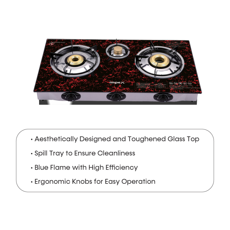 IMPEX 3 BR GLASS TOP GAS STOVE WITH FFD  | IGS 1213F