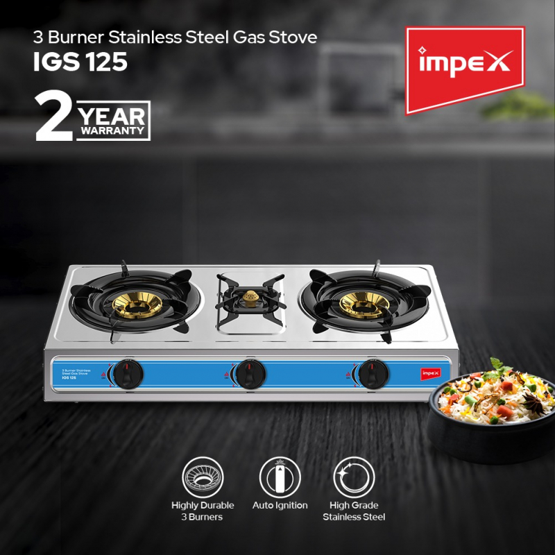 Impex 3 Burner Stainless steel Gas Stove | IGS 125