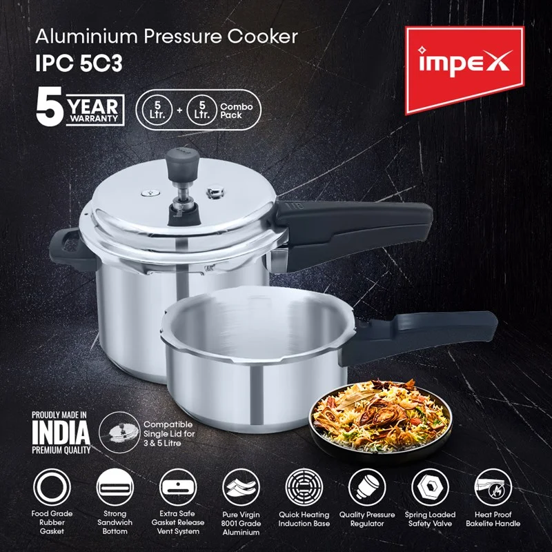 Aluminium Pressure Cooker Combo| 3 & 5 Litre | Compatible Single Lid | IPC 5C3